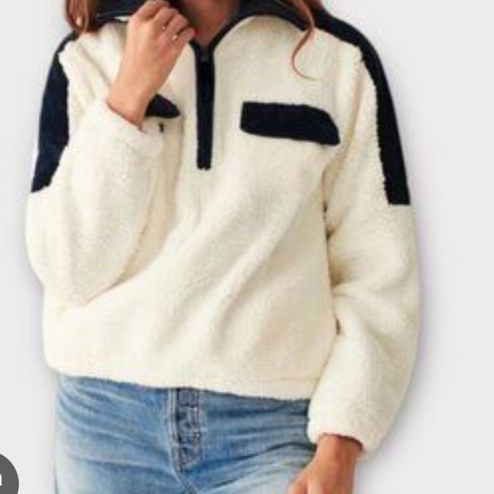 Faherty Cortina High Pile Fleece Popover In Bright White Navy Combo